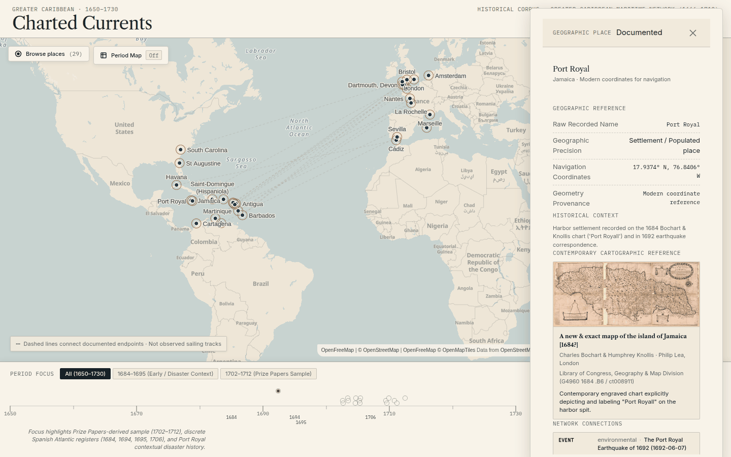 Port Royal selected on the map with its inspector showing the 1692 earthquake recorded as a contextual environmental event