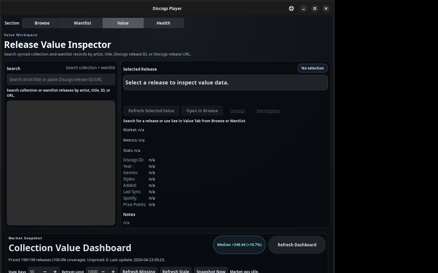 Collection value dashboard with total and median value and a list of top market movers