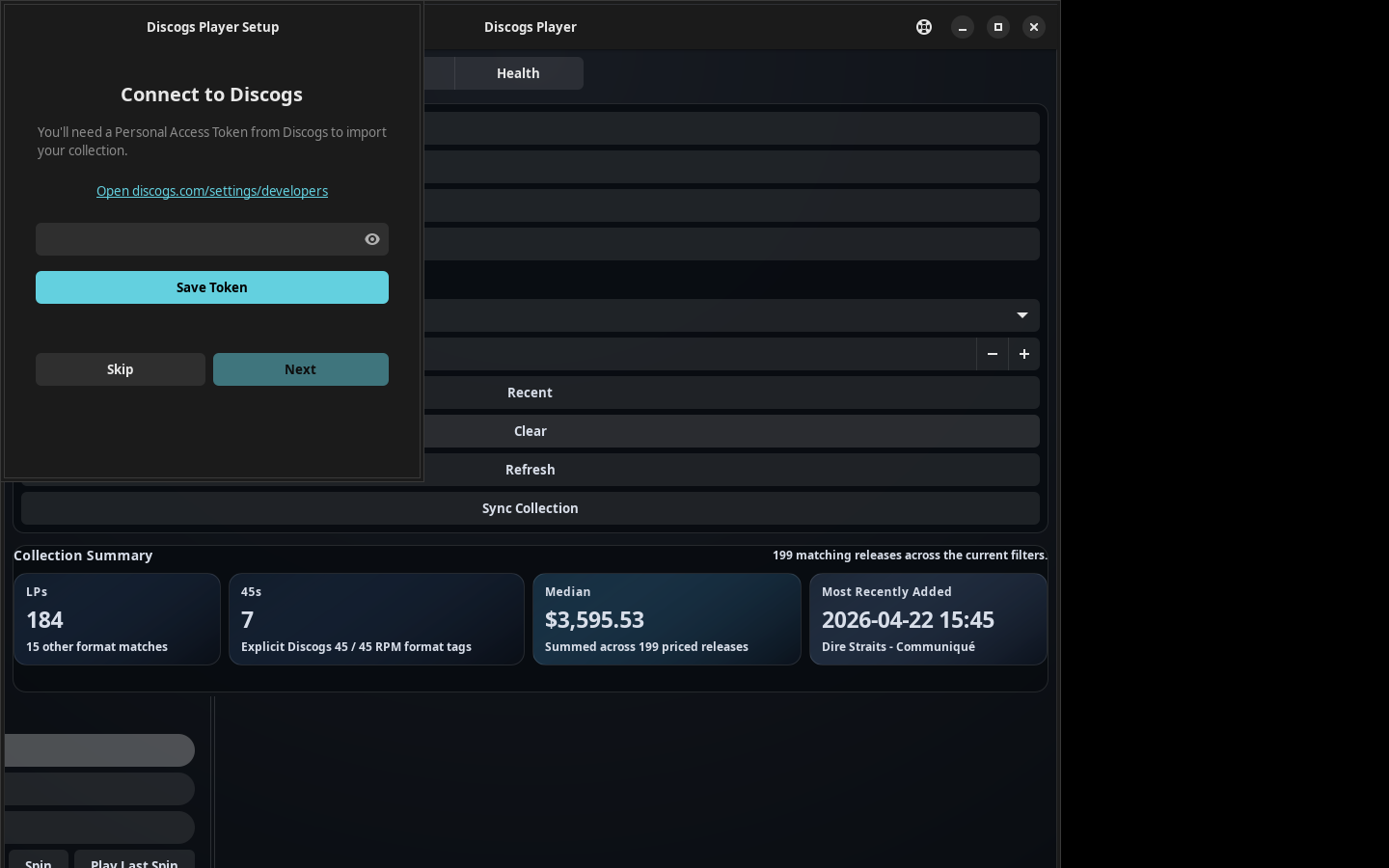 First-run setup wizard for entering a Discogs personal access token