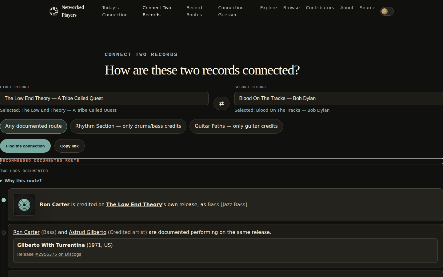 The Connect Two Records screen on Networked Players, showing The Low End Theory and Blood On The Tracks selected and the beginning of a documented two-hop route between them