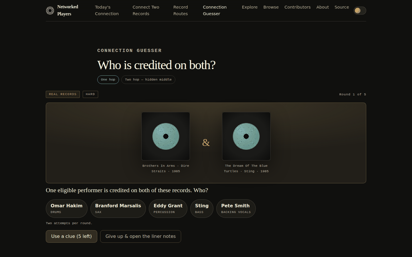 A Connection Guesser round showing two 1985 albums side by side and a tray of candidate contributors, each labelled with their instrument