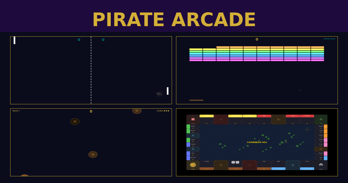 Pirate Arcade title card with four game screenshots