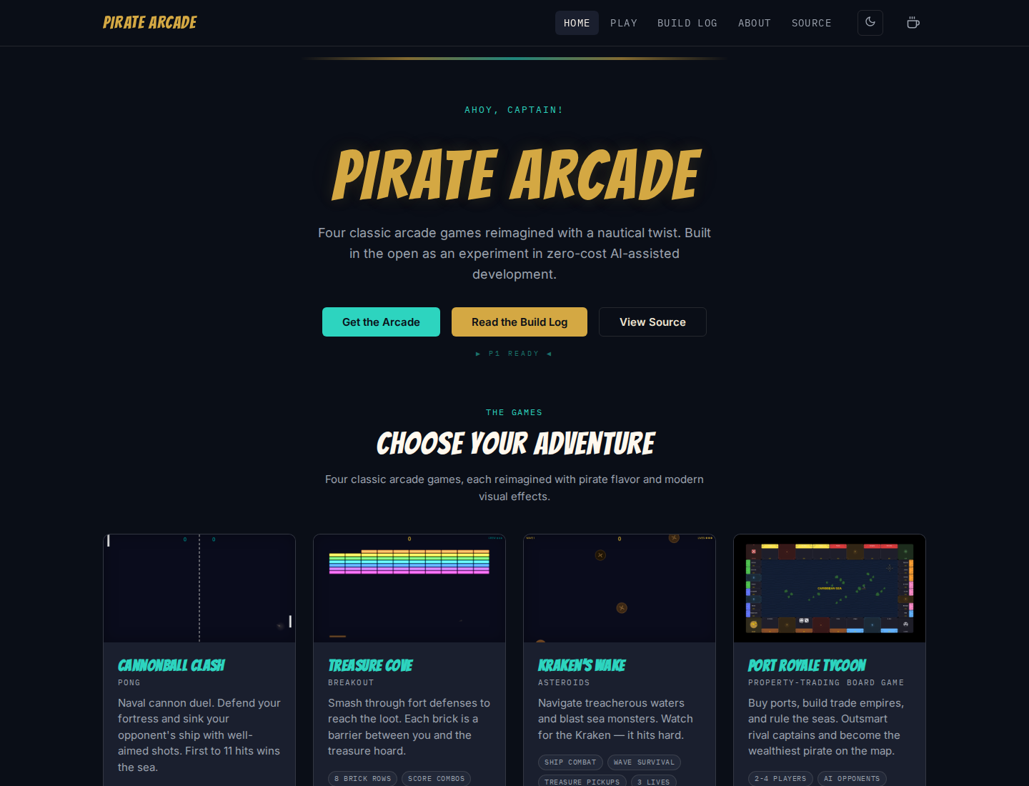 Pirate Arcade homepage screenshot
