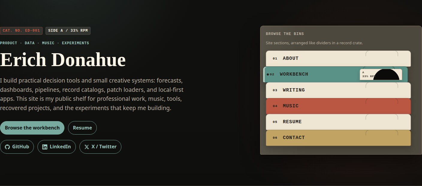 erichdonahue.com homepage hero with record-bin navigation